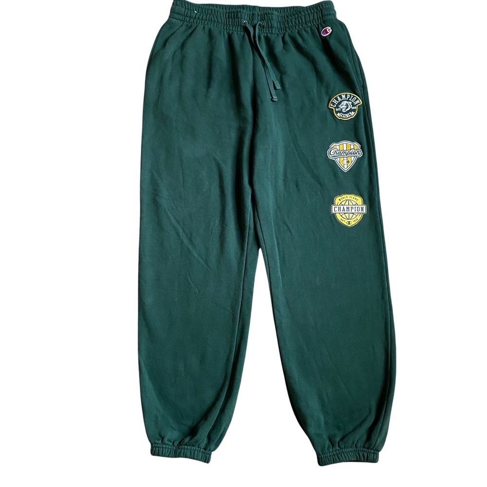 Champion Sweatpants Men Size M Green Patches Joggers Streetwear Athletic Baggy